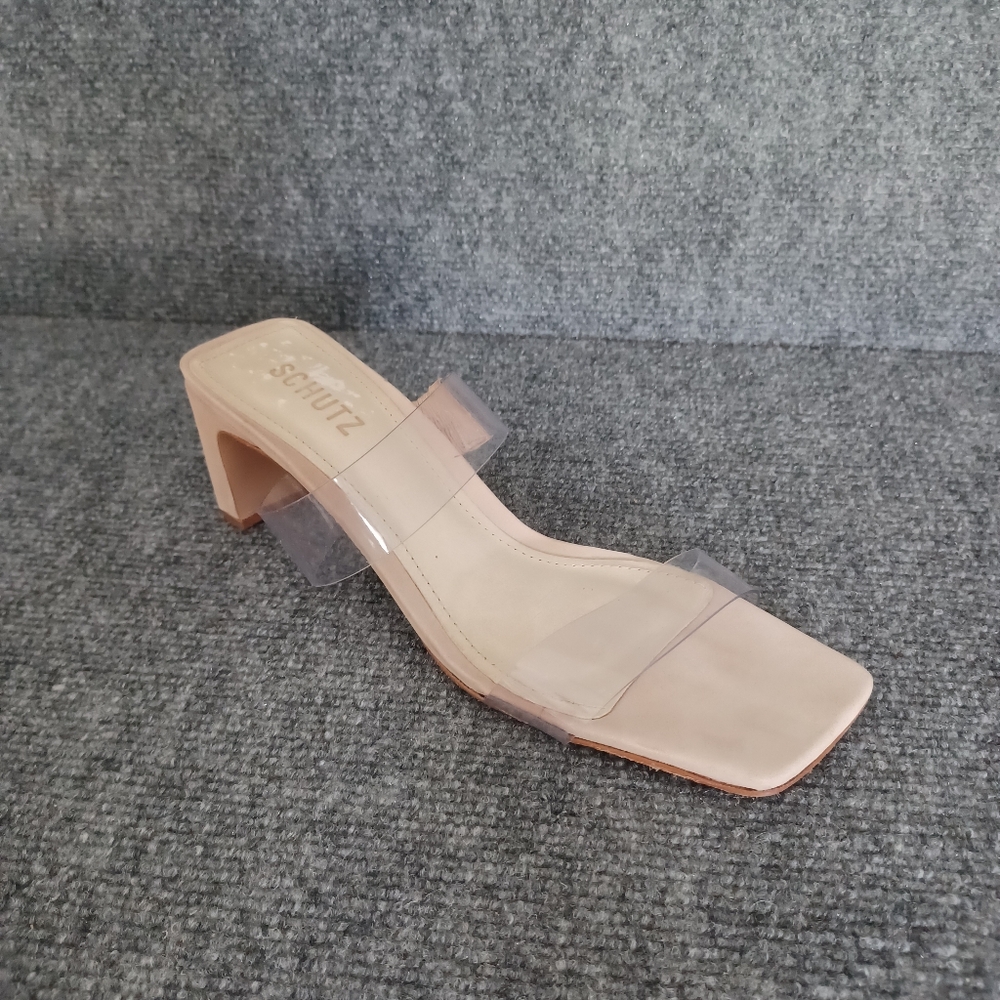 Schutz Tiana Heeled Sandals Shoe Size 8 Transparent Honey Beige Squared Open Toe